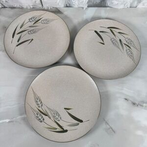Set of 3 Wild Rice Stoneware Dinner Plates Textured Beige Green Midcentury Japan